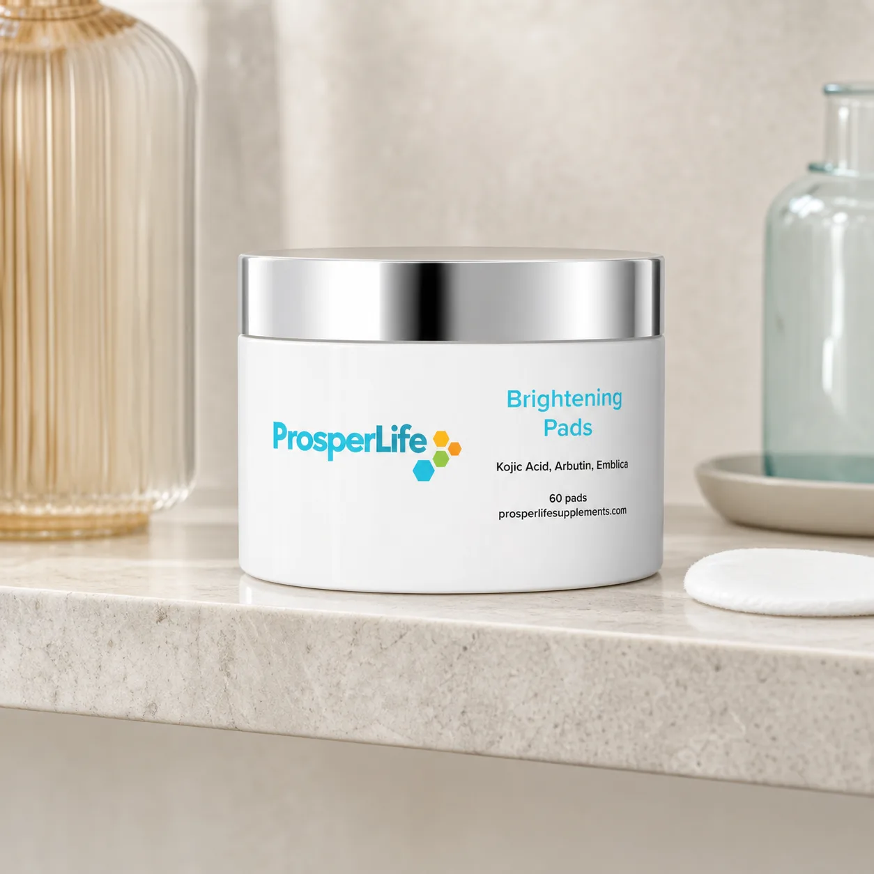 ProsperLife Brightening Pads on a pale limestone vanity set