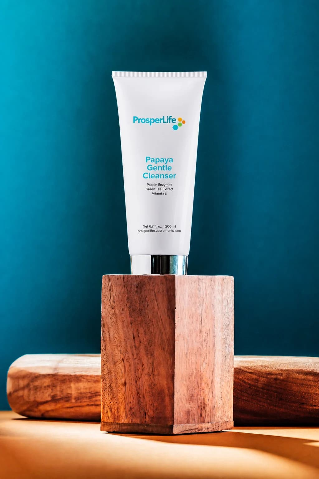 Current ProsperLife Papaya Gentle Cleanser composited into an original ProsperLife studio set