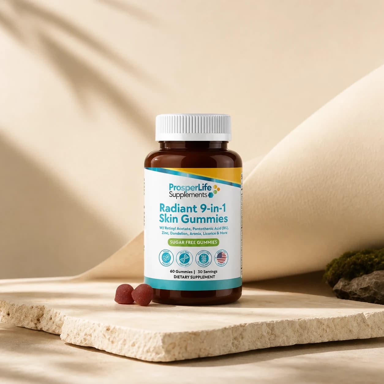 ProsperLife Radiant 9-in-1 Skin Gummies on a warm stone studio set